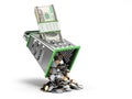 Profit distribution concept a pack of dollar bills is rubbed into coins 3d render on white