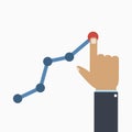 Profit and gain concept. The businessman`s hand manages the growing business graph. Vector.