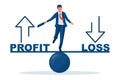 Profit or loss. Benefit or cost. Businessman balancing between two positions