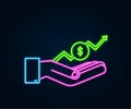 Profit money or budget. Cash and rising graph arrow up in hands. Neon icon. Capital earnings, benefit. Vector stock