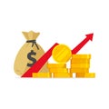 Profit money or budget vector illustration, flat cartoon pile of cash and rising graph arrow up, concept of business