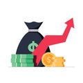 Profit money or budget vector illustration, flat cartoon pile of cash and rising graph arrow up.