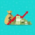 Profit money or budget vector illustration, flat cartoon pile of paper cash, rising graph arrow up, concept of business