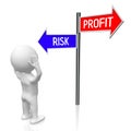 Profit and risk - signpost with two arrows, cartoon character