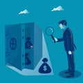 Profit search. Businessman looking at safe with money through magnifying glass. Business concept vector