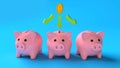 Profit sharing by piggy banks. Three pink piggy banks with gold coins money on a blue background. 3d render