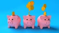 Profit sharing by piggy banks. Uneven division of money. Three pink piggy banks with gold coins money on a blue