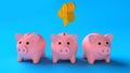 Profit sharing by piggy banks. Uneven division of money. Three pink piggy banks with gold coins money on a blue