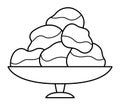 Profiteroles with chocolate icing top line icon. French dessert in a dish vector black and white illustration or coloring page.