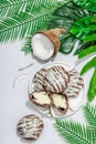 Profiteroles choux pastry buns with coconut cream served in tropical style. Palm leaves Royalty Free Stock Photo