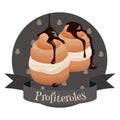 Profiteroles traditional French dessert. Colorful vector illustration