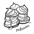 Profiteroles traditional French dessert. Outline doodle illustration. Royalty Free Stock Photo