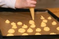 Profiteroli cooking process with dough balls, hands with special culinary tube