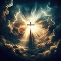 Cross of Jesus Christ set against a dramatic sky, bathed in celestial light with billowing clouds and radiant sunbeams Royalty Free Stock Photo