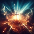 Cross of Jesus Christ set against a dramatic sky, bathed in celestial light with billowing clouds and radiant sunbeams Royalty Free Stock Photo