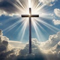 Cross of Jesus Christ set against a dramatic sky, bathed in celestial light with billowing clouds and radiant sunbeams Royalty Free Stock Photo