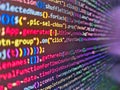 Program code - angle view Modern application Coded data on monitor. Programming code. Programming preventing hacks in Internet