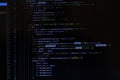 Program code CSS on black background. Computer screen close up. IT or freelance programmer concept. Software develop script on Royalty Free Stock Photo
