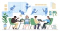 Program code development with help of AI, tiny programmers work on laptops, robots assist