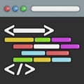 Program code development. Web coding or website programming concept. Web browser window or IDE application with a dark theme and