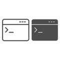 Program console line and solid icon. Application command input window symbol, outline style pictogram on white