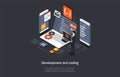 Program Development And Coding Working Process Concept Design. Cartoon 3D Style, Vector Isometric Composition Royalty Free Stock Photo