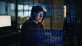 Programer checking computer code data hologram closeup. Developer working late Royalty Free Stock Photo