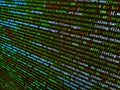 Programing workflow abstract algorithm concept. Database bits access stream visualisation. Screen of web developing code on dark