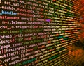 Programing workflow abstract algorithm concept. Screen of web developing code on dark background. Programmer workplace. Binary