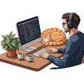 Programmer with cat at desk, coding on computer, listening to headphones Royalty Free Stock Photo