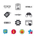 Programmer coder glasses. HTML markup language.