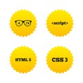 Programmer coder glasses. HTML markup language.