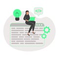 Programmer or coder sitting on program window and working on laptop computer. Concept of code Royalty Free Stock Photo
