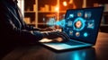 Programmer-coder, software engineer working on a laptop with a printed circuit board. Digital technologies, the concept Royalty Free Stock Photo