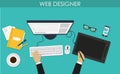 Programmer, coder in the workplace sitting at a computer. Software coding, programming languages, testing, debugging, web site des Royalty Free Stock Photo