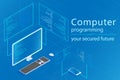 Programmer coding binary computer isometric flat vector design Royalty Free Stock Photo