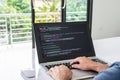 programmer coding, compiler, encode, debug, and developer application software for business corporate with laptop computer. Man Royalty Free Stock Photo