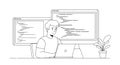 Programmer Coding at Desk with Multiple Monitors - Line Art Illustration Royalty Free Stock Photo