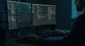 Programmer coding on dual monitors