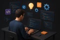 Programmer Coding on Laptop Surrounded by Digital Icons and Code Snippets computer software Royalty Free Stock Photo