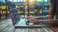 Programmer coding on laptop with holographic interface Royalty Free Stock Photo