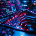 Programmer Coding on Laptop at Night with Red Keyboard Royalty Free Stock Photo