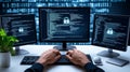 Programmer coding on multiple monitors with cybersecurity overlays showcasing the importance of data protection and Royalty Free Stock Photo