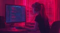 Programmer Coding in Neon-Lit Room with Focused Ambiance
