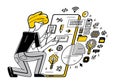 Programmer is coding and repairing some applications on phone, vector outline illustration, programming engineer working with app