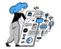 Programmer is coding and repairing some applications on phone, vector outline illustration, programming engineer working with app
