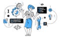 Programmer is coding and repairing some machine system, vector outline illustration, computer engineer doing his job, sysadmin and