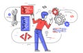 Programmer is coding and repairing some machine system, vector outline illustration, computer engineer doing his job, sysadmin and