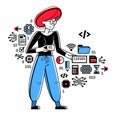 Programmer is coding and repairing some machine system, vector outline illustration, computer engineer doing his job, sysadmin and