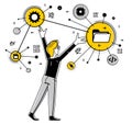 Programmer is coding and repairing some machine system, vector outline illustration, computer engineer doing his job, sysadmin and